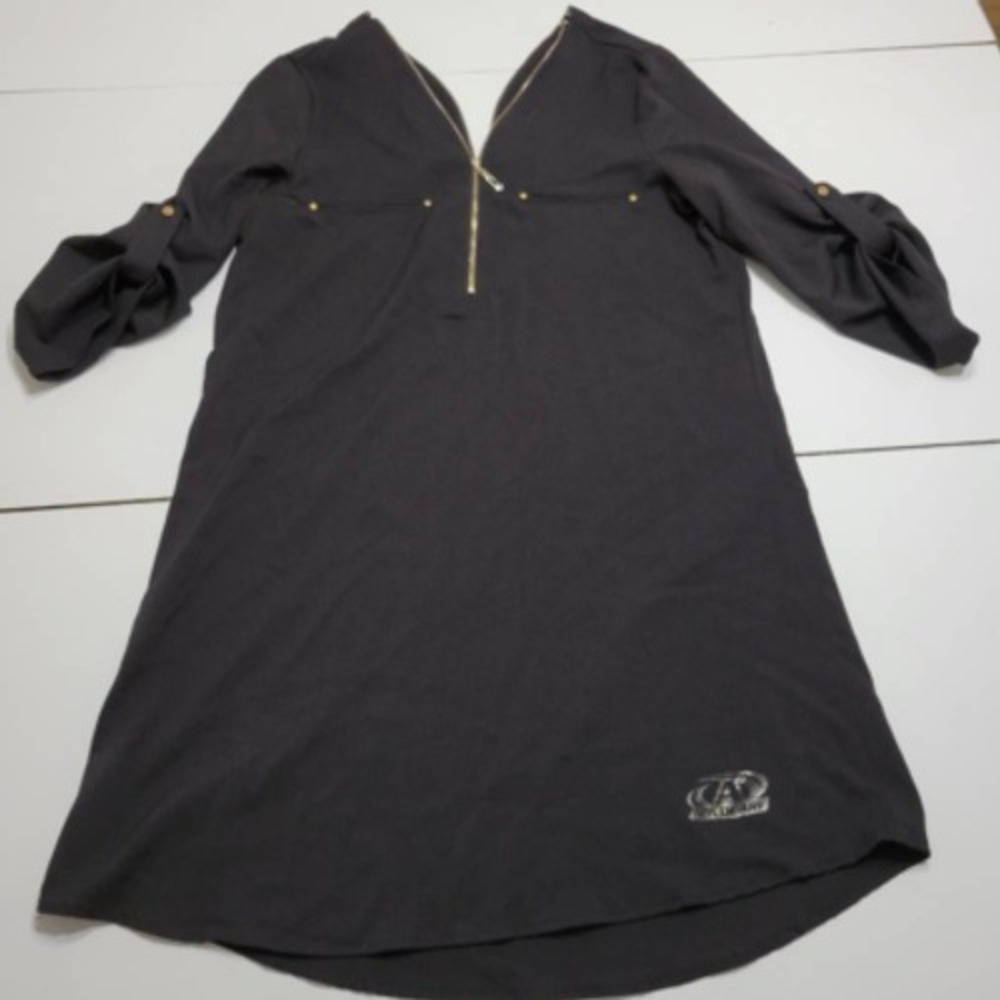 AdvoCare Gameday Couture Womens Tunic Dress Black V Neck Roll Tab Sleeve Zip M